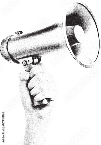 Black and White Xerox Effect Vector Illustration of Hand Holding Megaphone Announcement Communication Protest Speech Public Speaking Marketing Advertising Campaign Social Media Vintage Retro Style