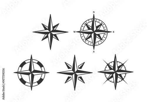 Navigation, terrain orientation or direction. Compass icons set. Compass rose sign. Star icon navigation. Northern Star