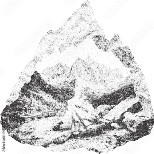 Black and white xerox effect vector of a mountain range landscape with distressed texture overlay for vintage or grunge designs nature travel adventure themes ideal for posters prints and apparel