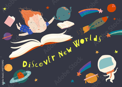 Cute Little Girl flying with Books in Space