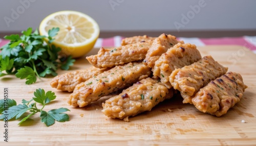 Delicious tempeh with lemon and herbs on a wooden board.