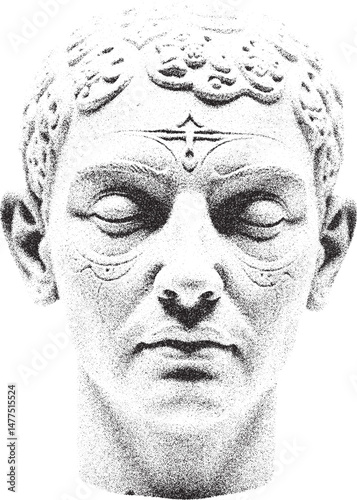 Black and white xerox effect vector illustration of a serene face with intricate forehead markings and subtle facial details ideal for spiritual wellness meditation and mindfulness themes grainy