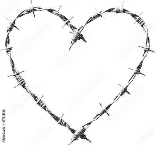 Barbed Wire Heart Shape Distress Texture Vector Black and White Xerox Effect Illustration for Valentines Day War and Peace Symbol Love Hurt Pain Concept Grunge Style Design Element Isolated on White