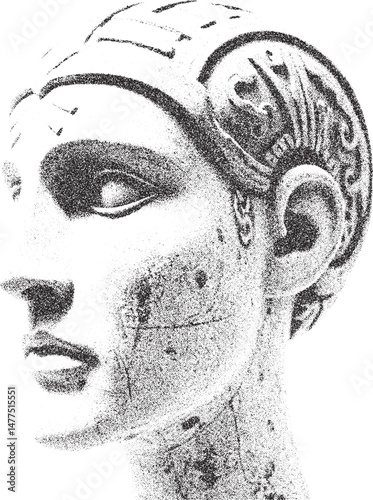 Black and white xerox effect vector illustration of a womans face with detailed brain pattern for psychology neuroscience and artificial intelligence concepts