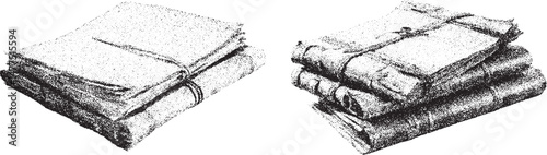 Black and white xerox effect vector illustration of stacked old books tied with string vintage retro style library archive study research wisdom knowledge monochrome stippled textured design element