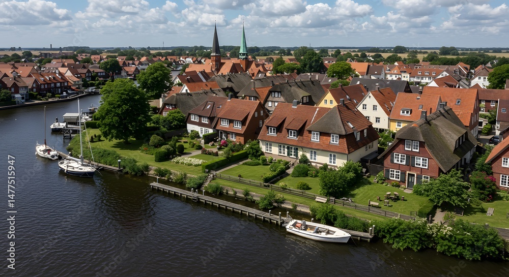 Fototapeta premium Aerial View of Quaint Town with Waterways and Thatched Roofs