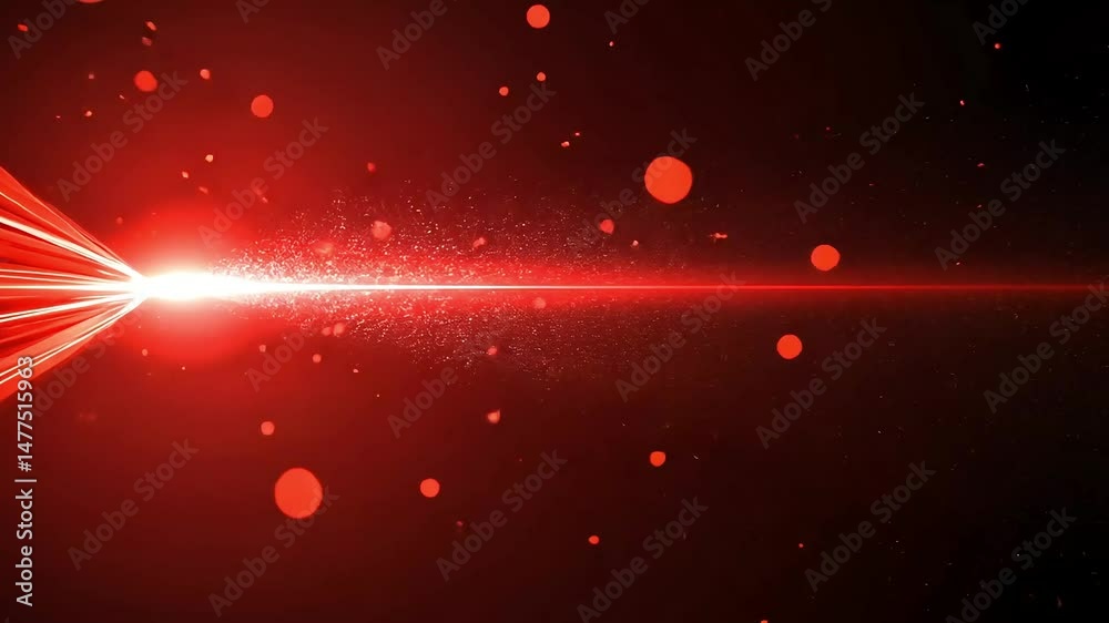 Intense red light beam streaks across dark space, particles and orbs scattered, dynamic energy effect