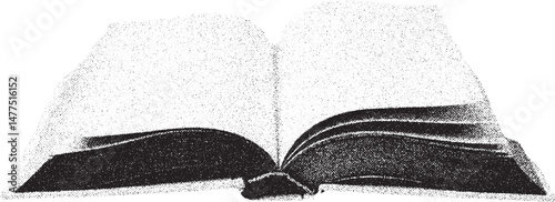 Open book with xerox effect black and white vector illustration grainy textured vintage distressed old book reading literature education wisdom knowledge learn study textbook novel story poetry