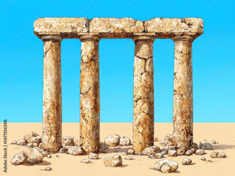 Fototapeta premium Weathered Stone Ruins in a Desert Landscape Under a Bright Blue Sky