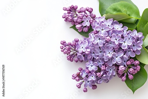 A bunch of lilacs with clusters of small purple flowers, captured beautifully against white