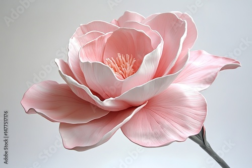 A pink camellia with layered petals, standing gracefully on a white background