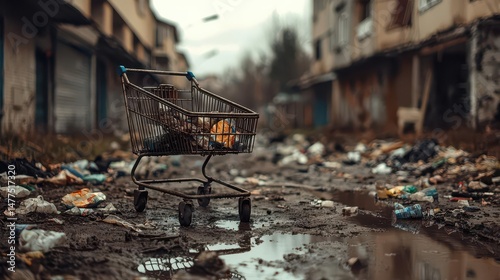 Rusty shopping cart in a muddy alley with scattered trash, urban filth theme photo