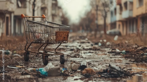 Rusty shopping cart in a muddy alley with scattered trash, urban filth theme photo