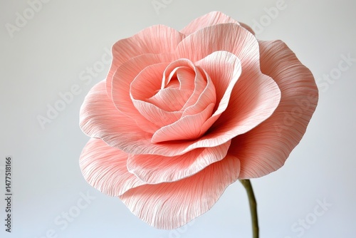 A pink camellia with layered petals, standing gracefully on a white background