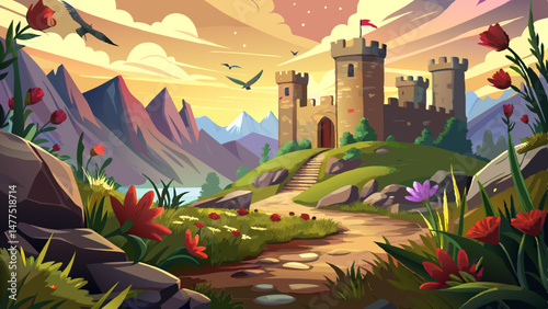 Around the castle, patches of wildflowers grow among the rocks, softening the dramatic landscape with natural beauty. Birds circle above the battlements, their shadows dancing over stone and sky.