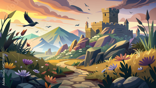 Around the castle, patches of wildflowers grow among the rocks, softening the dramatic landscape with natural beauty. Birds circle above the battlements, their shadows dancing over stone and sky.

