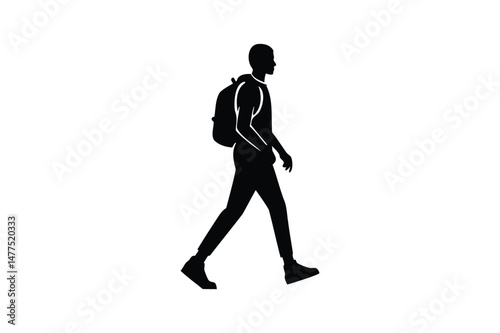 A man is walking with a backpack silhouette on white background