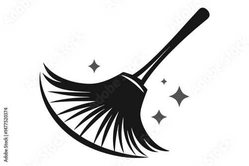 Broom with dark bristles cleans and sparkles, providing cleanliness with its simple monochrome vector