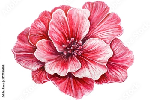 A bright pink geranium flower, with its layered petals and bright color, isolated against a white backdrop
