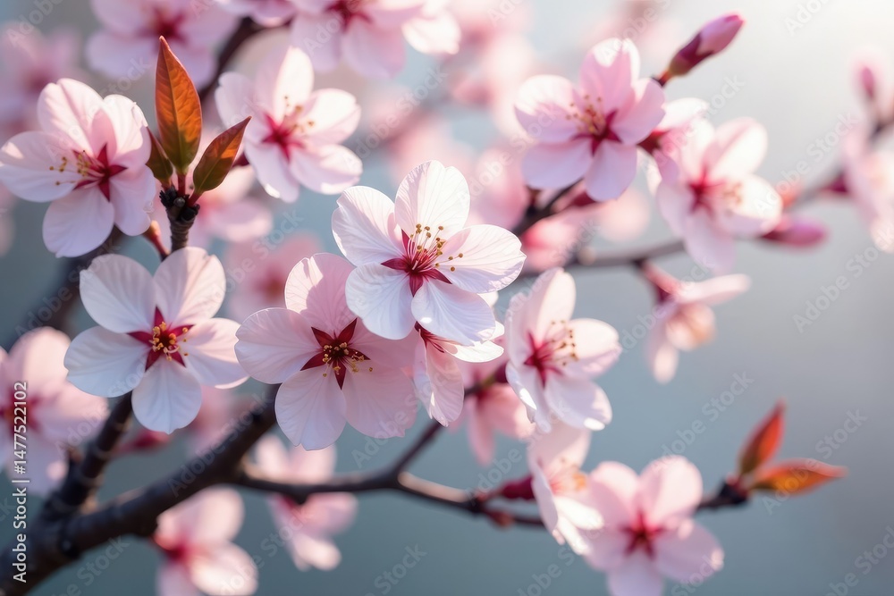 Obraz premium Intricate sakura branch pattern, full bloom, white & pink petals , botanical illustration, nature background