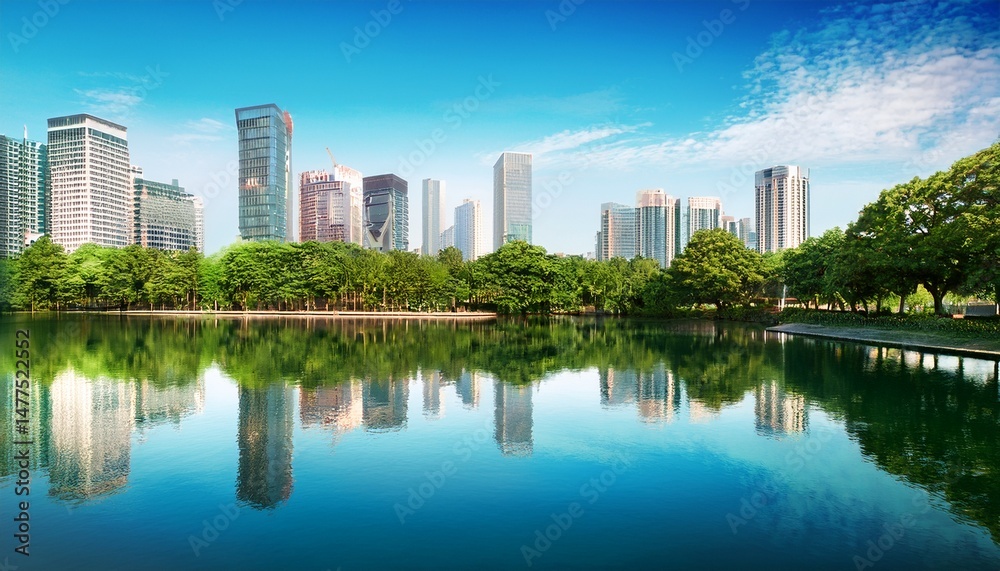 Fototapeta premium city reflected in lake with trees on buildings