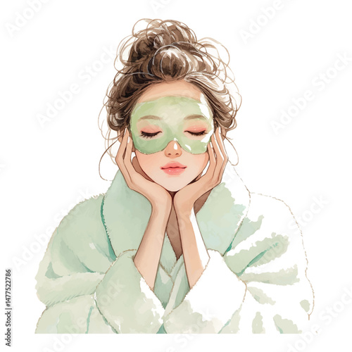 Relaxing at home with a facial mask and cozy robe during a self-care evening routine in a serene space