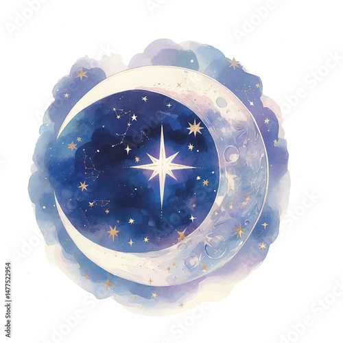 Creative celestial design featuring a crescent moon and twinkling stars with a deep blue background