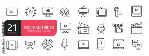 Set of line icons related to cinema, movie, video, music. Outline icons collection. Editable stroke. Vector illustration stock illustration