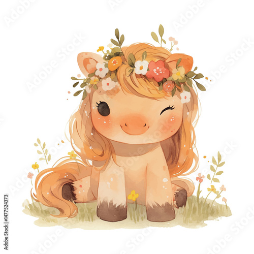 Cute pony illustration with floral crown in a meadow setting surrounded by flowers