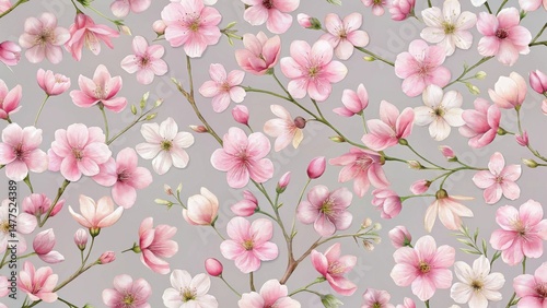Delicate Watercolor Blossom Pattern A Seamless Design Featuring Pink and White Flowers on a Soft Gray Background, Ideal for Textile Prints, Wallpapers, or Decorative Applications