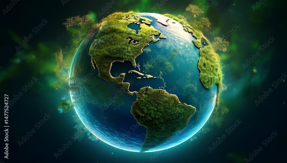 Obraz premium glowing globe with moss continents and water oceans