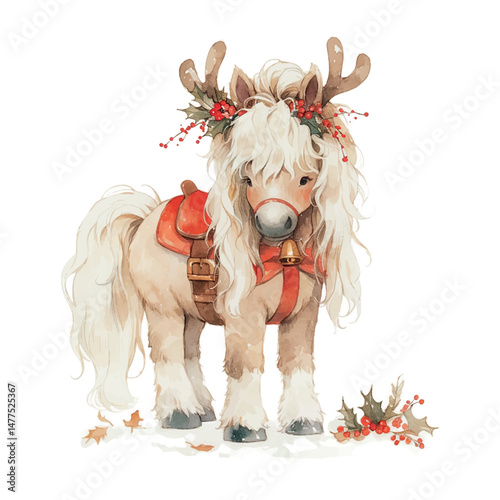 Cute pony with antlers and festive decorations surrounded by holly and berries during holiday season