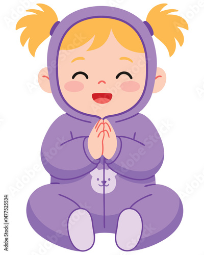 Smiling Baby in Purple Frog Costume with Hands Clasped Together Looking Cheerful and Joyful