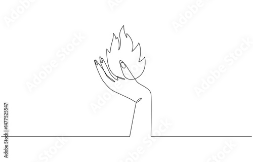 Human hands hold burning fire flame continuous line drawing art, Hand holding fire icon line continuous drawing vector. One line Helping hand icon vector background.