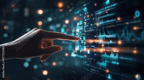 Digital interaction with futuristic data display.