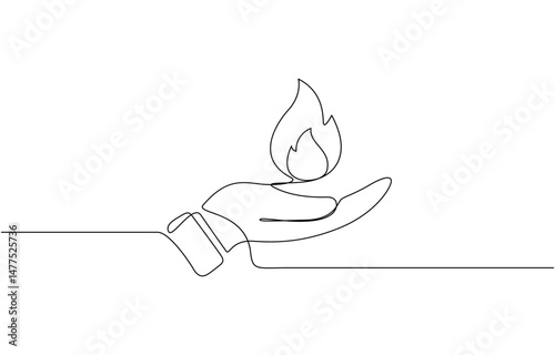 Human hands hold burning fire flame continuous line drawing art, Hand holding fire icon line continuous drawing vector. One line Helping hand icon vector background.