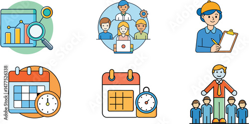 Business Icons for Team Management, Scheduling, and Performance Analysis SEO