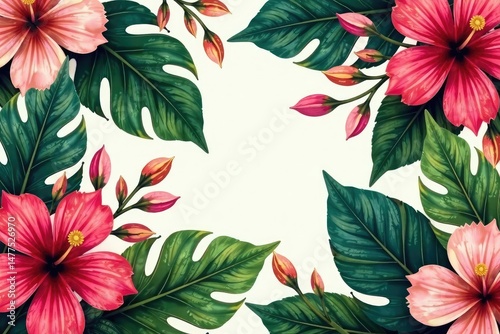 Fototapeta Naklejka Na Ścianę i Meble -  Bold, vibrant floral wallpaper, tropical motif, illustration, background pattern