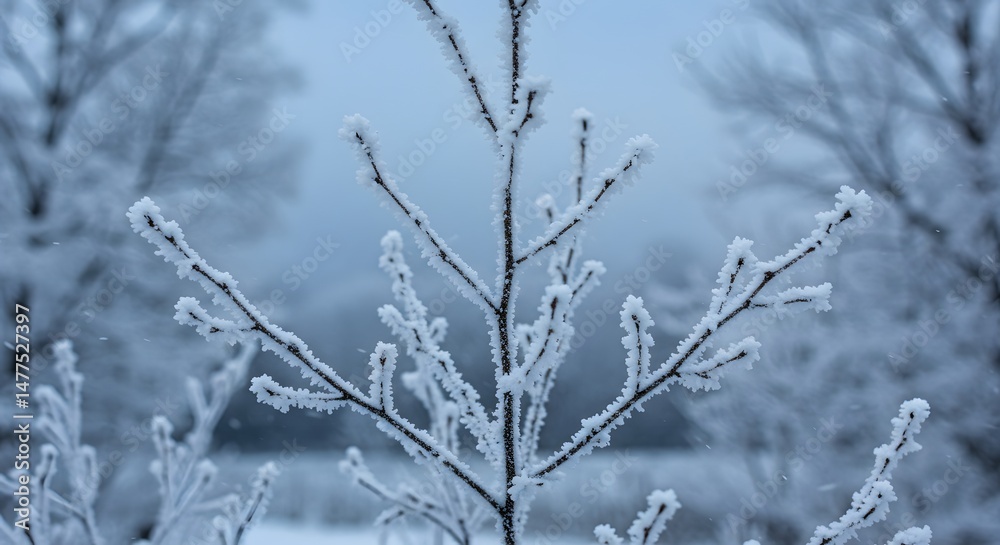 Obraz premium Icy Branches of Young Tree Covered in Hoarfrost in Winter Landscape Symbolizing Purity Tranquility Cold Season and Resilience in the Wilderness