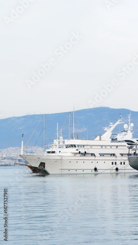 A peaceful evening at Athens Marina in Piraeus, Greece, with a view of ships, the sea, and distant cityscape. Springtime ambiance as the sky turns blue and mountains fade into the distance.