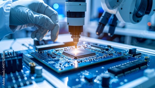 A robotic hand working on microchip assembly, representing precision and automation in future electronics manufacturing