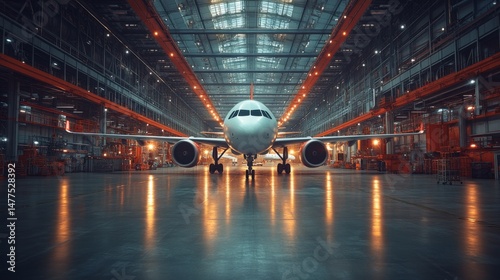 An aircraft is positioned inside a spacious aviation engineering facility, with bright overhead lights illuminating the area. Workers are visible, focused on maintenance tasks.