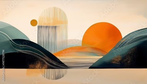 minimalistic painting with geometric lines abstract modern boho landscape wall art with grunge effect and strong brush strokes