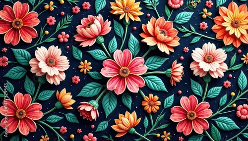 Intricate floral textile design, repeating motif , design, retro