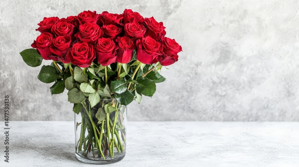 Obraz premium Beautiful bouquet of red roses in glass vase with green leaves on neutral background