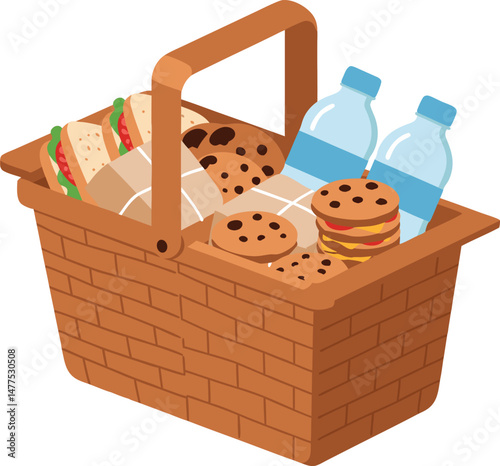 Delicious Picnic Basket Filled with Sandwiches, Cookies, and Bottled Water for Outdoor Fun