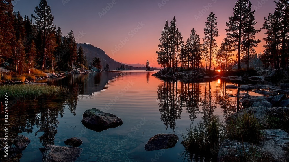 Obraz premium Tranquil lake sunset reflections national park nature photography serene environment peaceful view