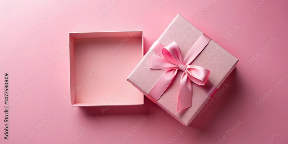 A partly opened pink gift box with a delicate pink ribbon bow, resting on a soft pink background, a perfect image for celebrating special moments A partly opened pink gift box with a delicate pink ribbon bow, resting on a soft pink background, a perfect image for celebrating special moments