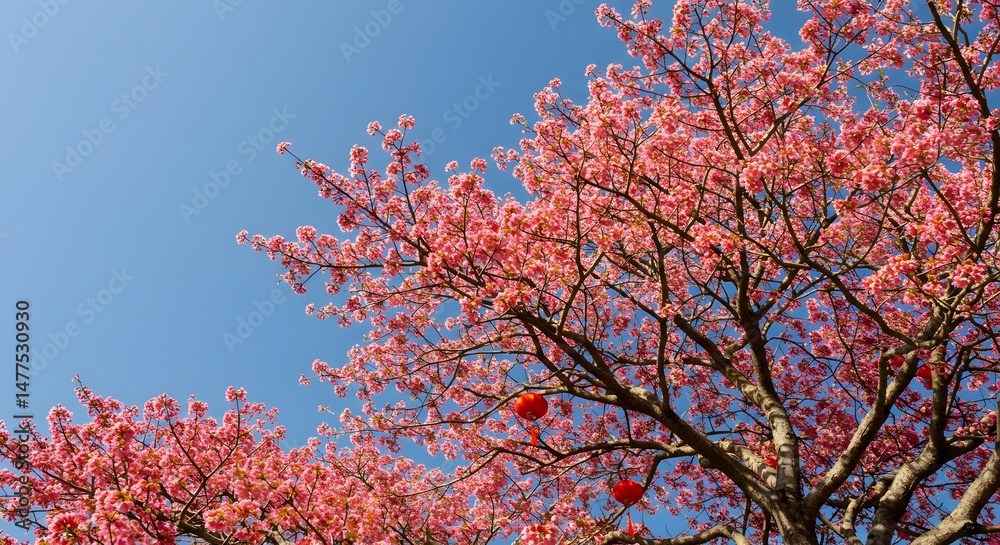 Blooming Cherry Tree with Red Lanterns Against Blue Sky Blooming Cherry Tree with Red Lanterns Against Blue Sky
