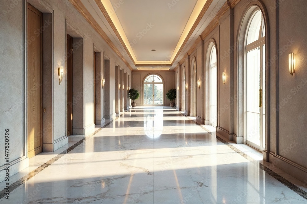 Obraz premium Gleaming marble floors in a spacious hallway, reflecting light , bright, commercial, flooring
